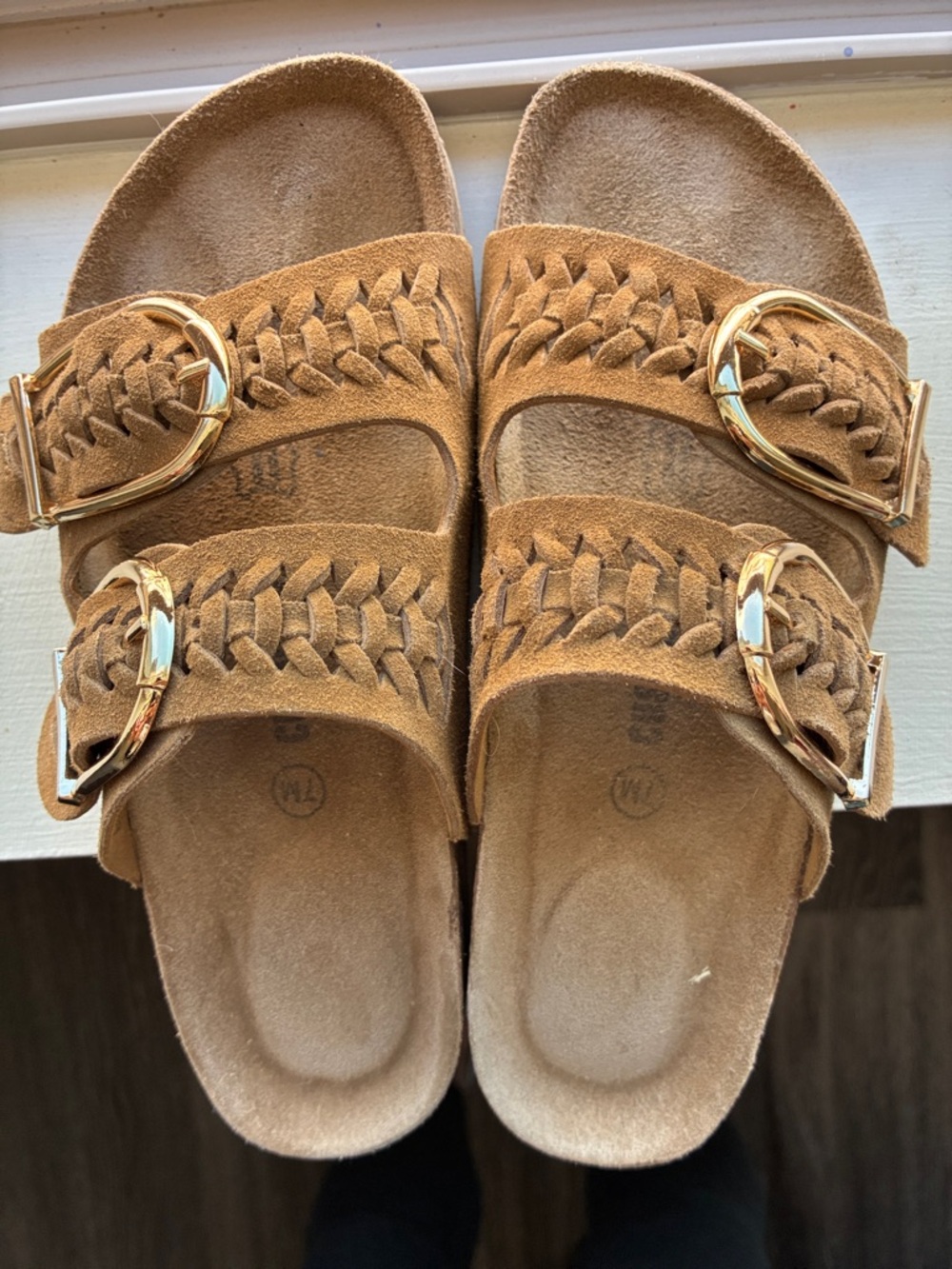 Braided Double-Buckle Suede Slide Sandals - Tan
